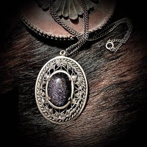 Purple Goldstone Glitter Cabochon Silver Tone Pendant with chain, Unsigned